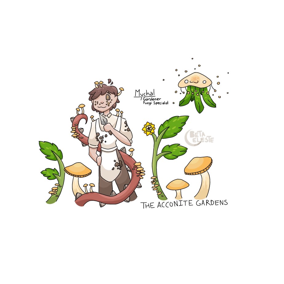 A man with redish-purple skin and purple hair, wearing a white collared shirt and dirty apron, holds a trowel in his left hand. He has yellow spots on his cheeks, resembling freckles, grey eyes with yellow pupils, and has small yellow mushrooms growing out of his hair and clothes. A red, spiked vine with more yellow mushrooms and fungi growing on it encircles the man. Larger yellow mushrooms grow along the base of the drawing, along with 2 large green plants, resembling palm leaves. One has a bright yellow flower growing on it. Floating above all of this is a jellyfish-like creature, with leaves and a pale orange substance as a head. Spores linger around the mushroom-jellyfish.