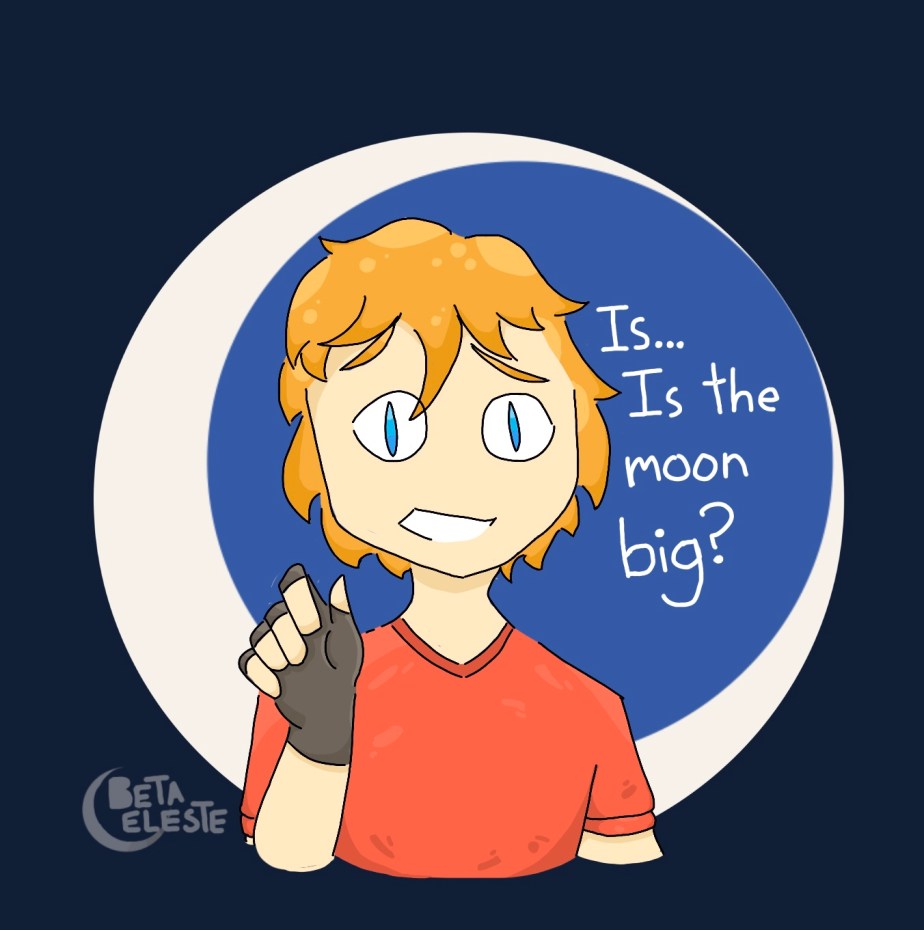 Content creator Grian stands in front of a silhouette of a crescent moon with the words "Is... Is the moon big?". A dark navy background is behind the moon.