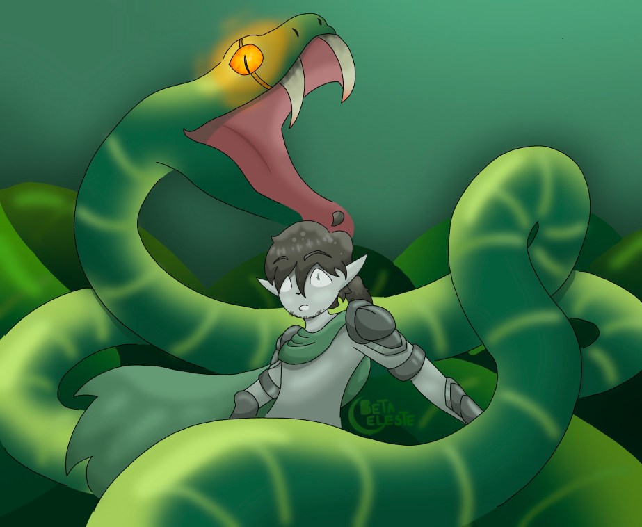 A humanoid with greyish-green skin, brown hair pulled into a short ponytail, and a bit of stubble, wears a long green cloak, dark grey pauldrons and bracers, and chainmail armor. Behind them rises an enormous green snake, with glowing orange eyes and fangs bared, mouth wide open, ready to strike. It cures and spins around the figure, making them frightened and trapping them.