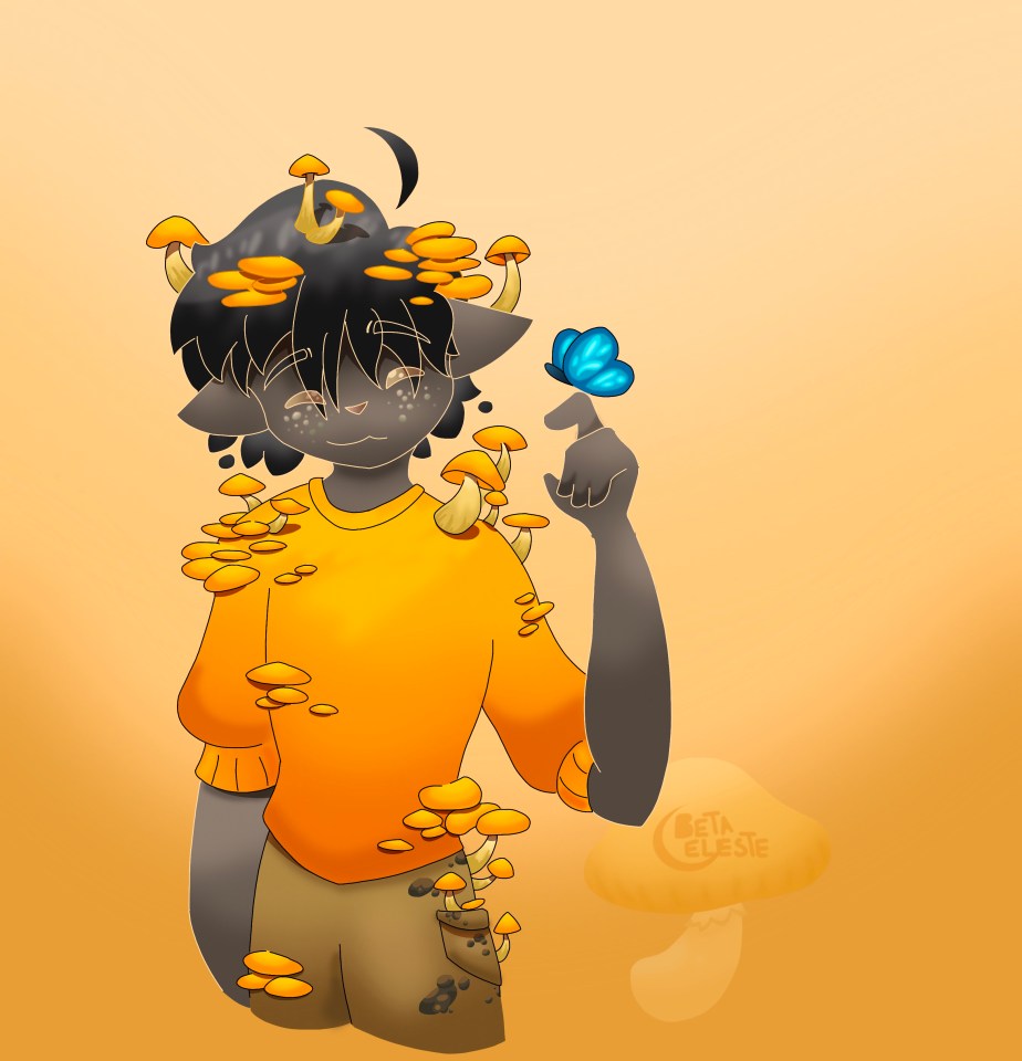 A humanoid figure with grey skin and black hair holds out their right arm to let a blue butterfly land upon it. They have greenish tinted spore like freckles. They wear an orange/yellow sweater, with muddy brown pants. Yellow/orange mushrooms and shelf fungi grow out of their hair, clothes, and pockets.