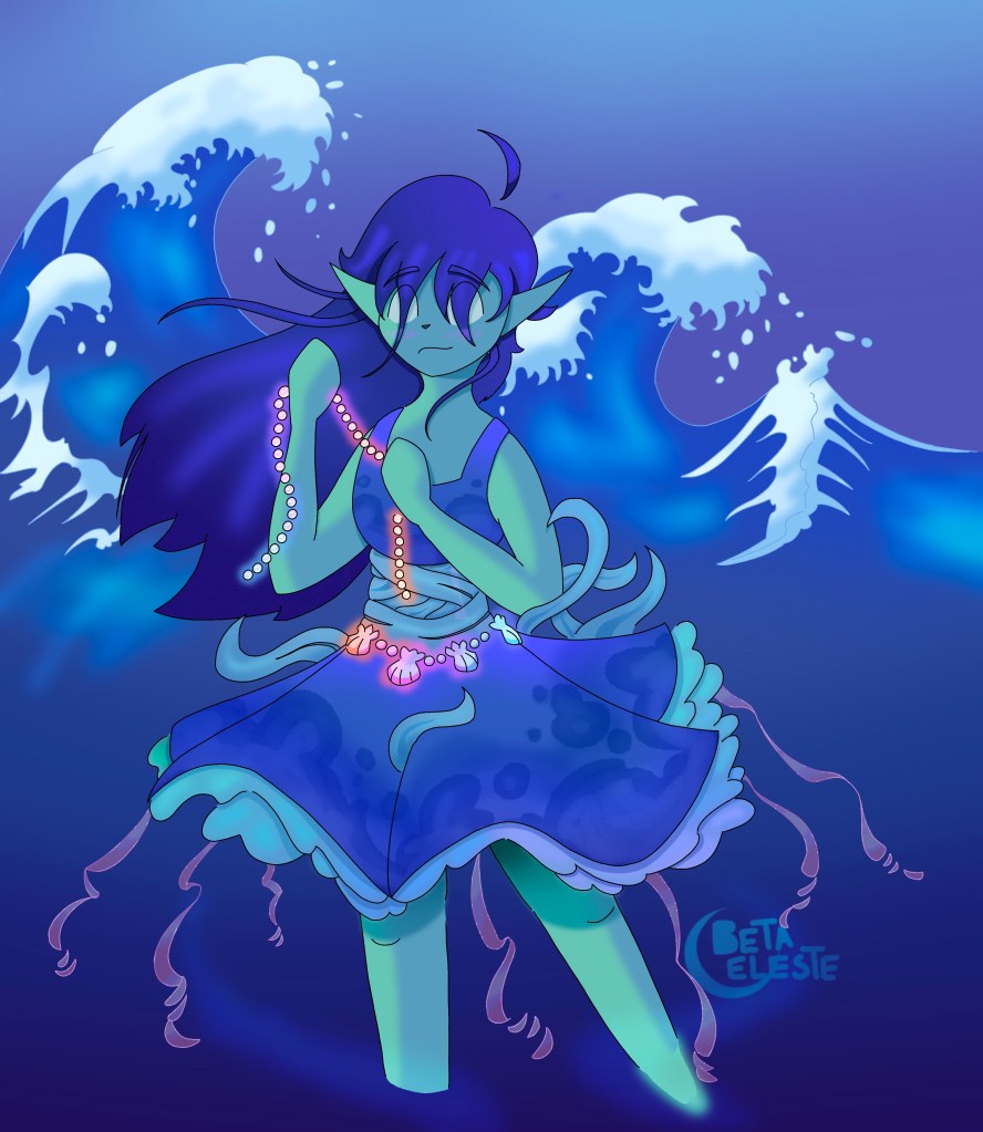 A humanoid woman with teal skin, iridescent indigo colored hair, with a blue water damaged dress lined in pale blue kelp and seaweed. Small jelly-fish like tendrils hang off from the edges of the dress. She holds a string of glowing iridescent pearls, and has a belt made of similar looking seashells. Behind her, the are cresting sea waves.