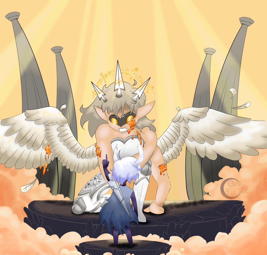 A humanoid resembling an angel, wearing white plate amour, with long dirty-blonde hair and elf-like ears, has 3 large, sharp, white spikes protruding from the top of her head. A golden halo of sunlight also encircles her head. She is kneeling, badly hurt, bleeding oozing orange goo from cuts all over her arms and white feathered wings. Her eyes are glowing a fierce yellow with a dark grey mask surrounding the eyes. In front of her is a small child sized humanoid, with 2 pronged white horns, a blue cloak, short hair, a cracked sword, and has indigo / black skin. The small humanoid point up at the angel like humanoid, and they are on 2 dark grey stone like platforms. 4 giant columns rise behind them, warped by the sheer hight and perspective. Orange clouds roll between the 2, as beams of light shine down from above.
