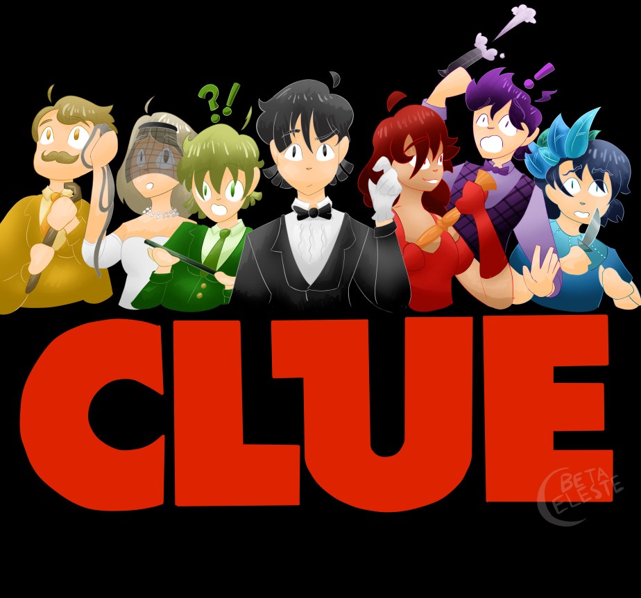 7 humans, each with their own individual colour pallate (L-R; Mustard-yellow, white, green, black, scarlet-red, purple, teal-blue). Beneath them lies the word "CLUE" in a giant red font.