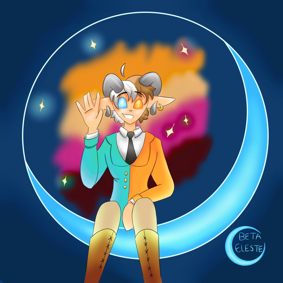 A humanoid-like figure with 2, curling, grey rams horns, wears a dual coloured suit with a white button down and black tie. The left side of the suit is teal, and the right is orange. Following these colours, their eyes are pupil-less with the same teal and orange corresponding colours. Their hair is half white, half brown, and on their right ear, they wear a golden ring piercing. They are sitting on a cresent-like moon, completly blue in hue. Behind them are several glowing stars, and a non-binary flag. They lift their left hand in a wave, giving a small smile