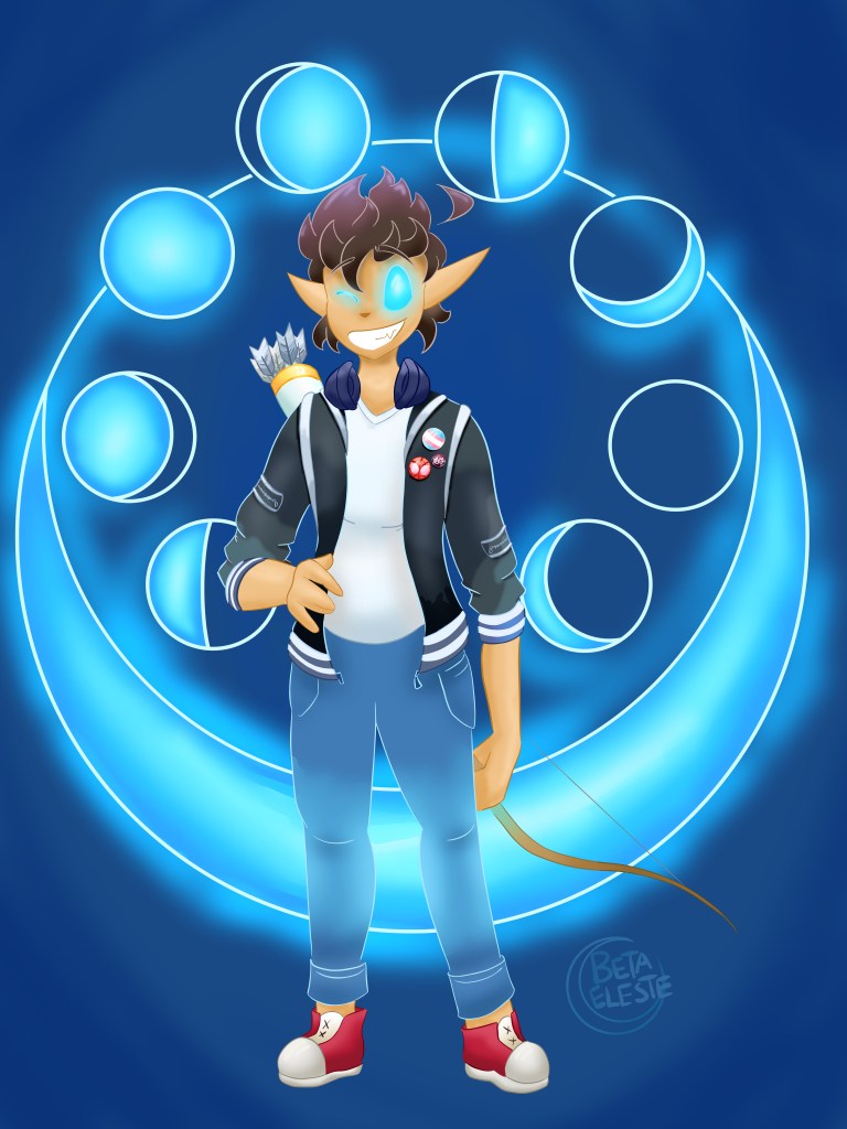 An androgynous figure with a cocky smile and a wink with their hand on their hips stands infront of a giant crescent moon encapsulating the 8 moon phases. They have glowing blue eyes, spiky dark hair, tanned skin, a bow in their left hand, a golden quiver of grey arrows, dark purple headphones, red sneakers, cuffed jeans, a white t-shirt, and a dark grey jacket lined with detailings of white. There are 3 pins on the left lapel of the jacket, being a trans pins, a spiderman pin, and a theater pin