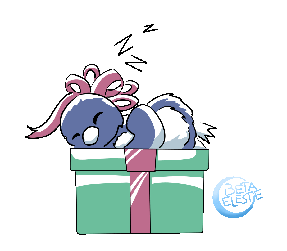 A penguin is snoring atop a green box with a red ribbon. The bow of the red ribbon lays on the penguin's head