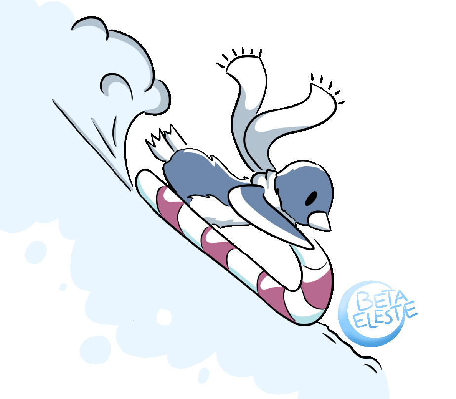A penguin rides down a snowy mountain on a candy cane sled