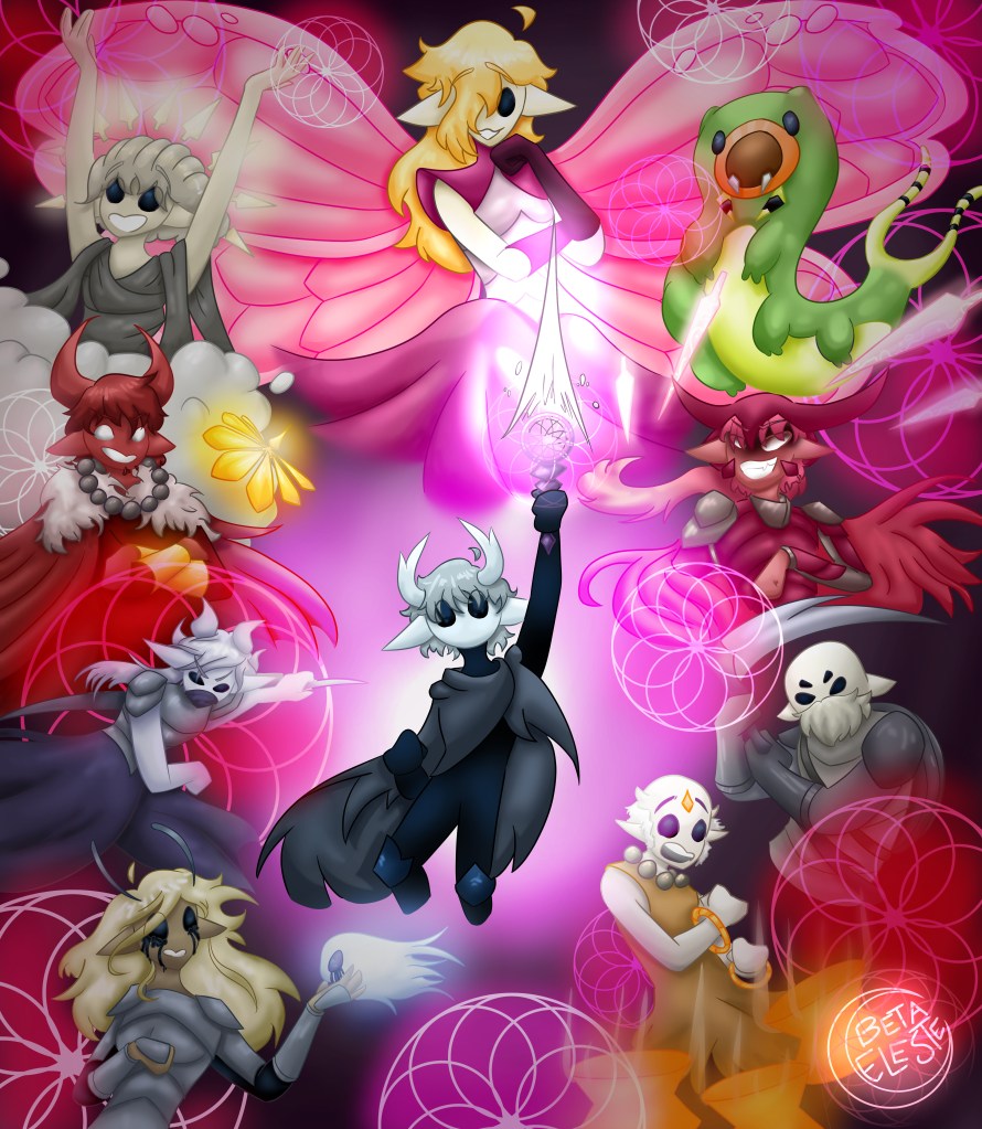 A small, horned white creature wearing a dark grey cloak, raises a glowing ethereal sword to the 9 looming figures behind them. A harsh, white glowing light eminates from behind them. There is an elderly looking figure wearing a large beaded necklace, monk hair cut, horn nubs, golden bracelets, an orange gemstone in the center of his head, and orange, glowing, floating projectiles. To their left is a feminine figure in armour, crying an inky void like substance, with long flowing blond hair and antena, holds what looks to be a wraith crying the same tears. Above them is a masked figure with 4 horns, a long sword, armour, and a dark blueish skirt. To their right is a figure with a large beard bearing a scythe and wearing plated armour. Above them is a red figure with armour, a long pink ponytail, a tattered red cloak, floating pinkish-white glowing swords, and a maniacal expression. To their left is a similar looking figure, but wearing a larger cloak with a fur rim, similar beaded necklace to the older figure, short red hair, and golden gauntlets matching a floating glowing shield. Above them is a figure resting in the clouds, arms up-reached to the skies with dark gray cloth wrapping around them. They have small glowing daggers encircling their head, in a shape that almost resembles a crown. To their right is a green and yellow enormous caterpillar with fangs. Above all of these people in the center is a feminine figure with a magenta coloured collared dress with dark purple gloves and long, flowing blond hair. Large, beautiful pink butterfly wings spread out from behind her, reaching from one side of the frame to the other. Mandala like circles are scattered across the edges and figures, all glowing with varying shades of pink light.