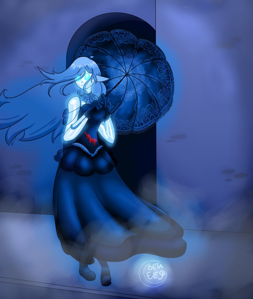 A woman, pale and ghostly, visible bones beneath her blue translucent skin, is holding a blueish-black lace parasol, with long, flowing, pale blue hair and a billowing black dress. Mist and fog sweeps around her legs, and she is standing infront of 2 brick buildings, and a dark alleyway. Everything is in shades of blue or faint purple except for a large, red gash down the center of the woman's torso.