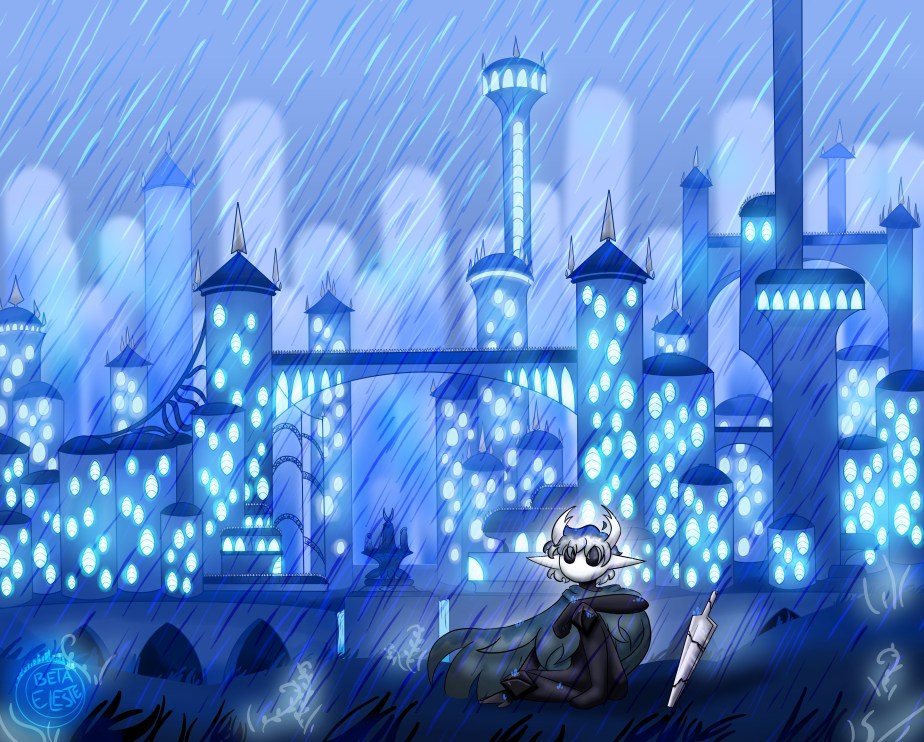 A figure, sitting in the rain, with a sword in the dark blue grassy ground beside them, is outside, facing away from the large, glowing cityscape behind them. Rain is pouring down around them, drenching their cloak and hair. The buildings are all shades of blue, with oval glowing windows and dark blue roofs (and occasionally spikes).