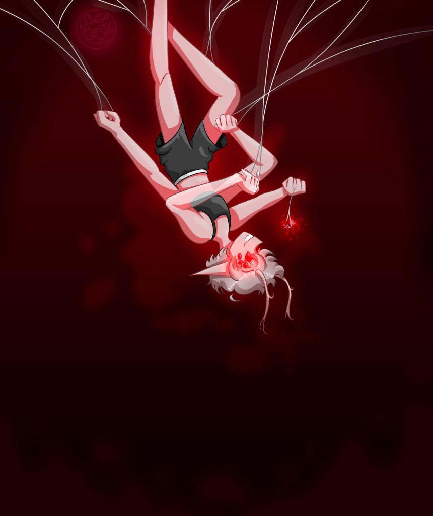 A figure with 2 pairs of arms, wearing black shorts and a cropped shirt, is dangling upside-down from the top of the canvas by webs. They're holding a small, squirming insect, and bloodstains are visible around them.