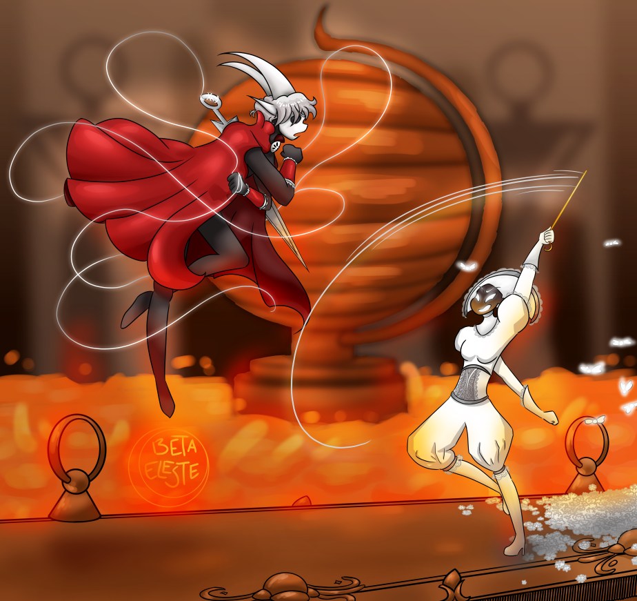 Standing on a copper-coated platform surrounded by lava and tall pillars are 2 figure. One, to the right, is sweeping upwards with a thin, golden blade, wearing poofy white clothes, gloves, boots, and a headress all ordained with ornate lace and frills. Small glowing butterflies surround her, and she is standing infront of a pile of white roses growing from the platform. The figure to the left is falling down from above, dodging the other figure's parry, summing strands of glowing silk which surrounds them. They wear a deep red cloak, with matching armguards lined with white frills, a broach in the shape of a spider's face, and long, pointed ears coming out of their grey, short hair along with large, curved, white horns. They bear a sword-like needle as a weapon, and the two are engaged in deep combat.