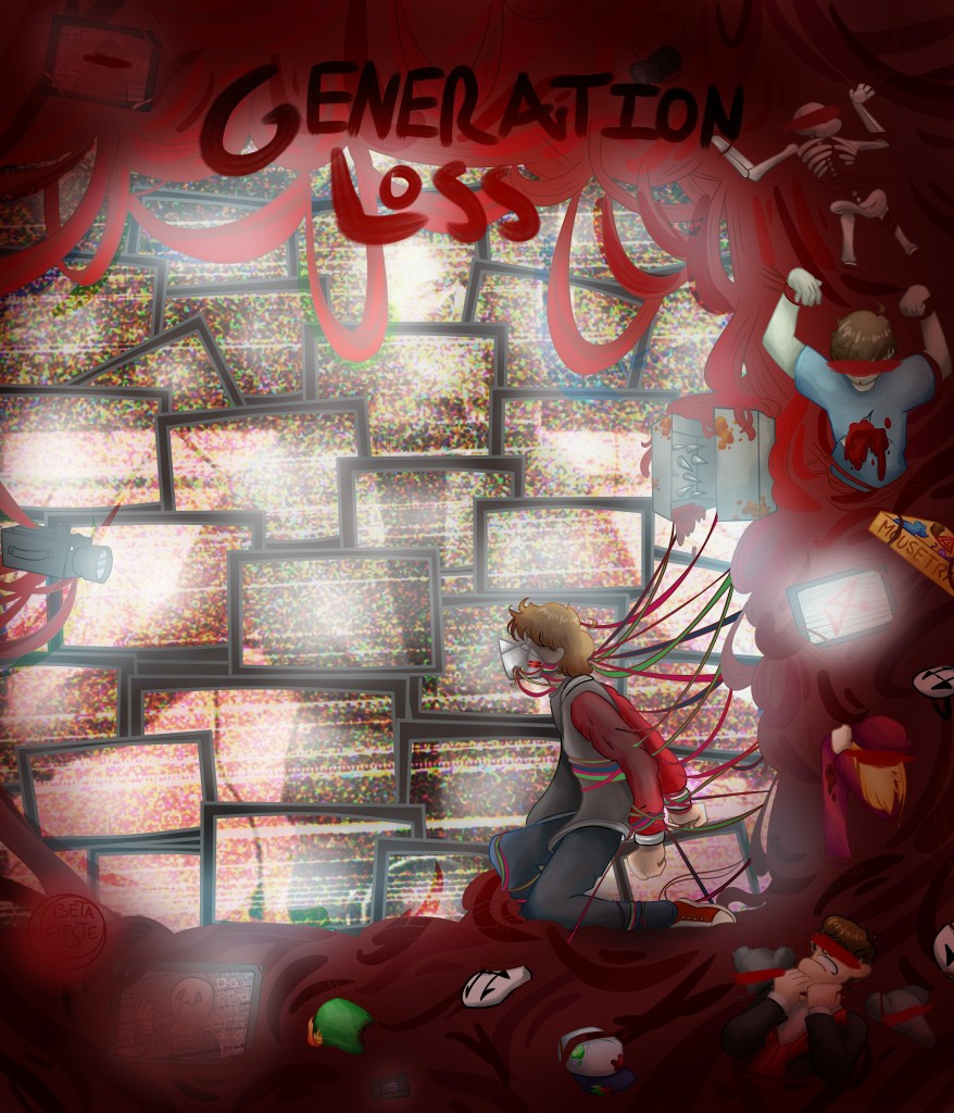 Between the tangled mass of wires, several people with their faces marked out and tangled and trapped within the bindings. There is even a skeleton trapped amidst them. TVs with glowing screens, static, and strange images litter the foreground and backgound.